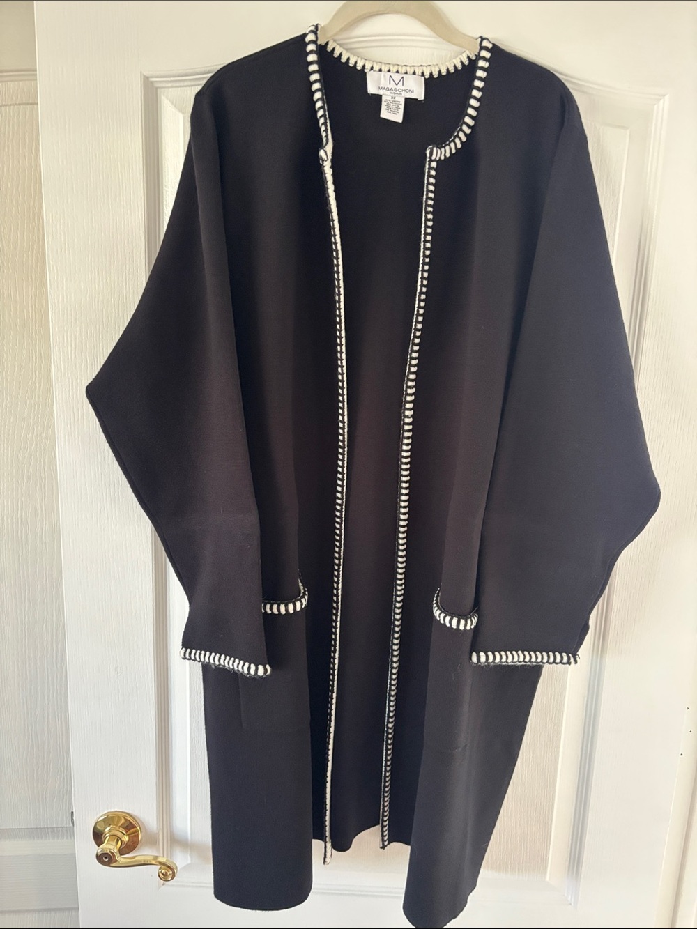 MAGASCHONI WOMAN Black Open-Front Long Cardigan with White Accent Trim SZ 3X